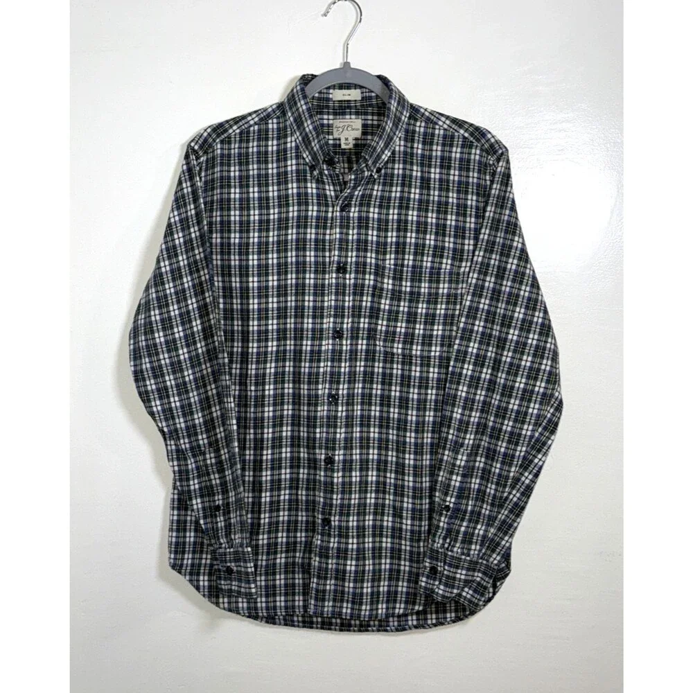 J.Crew Mens Flannel Blue Green White Plaid Long Sleeve Shirt Botton Down Size M